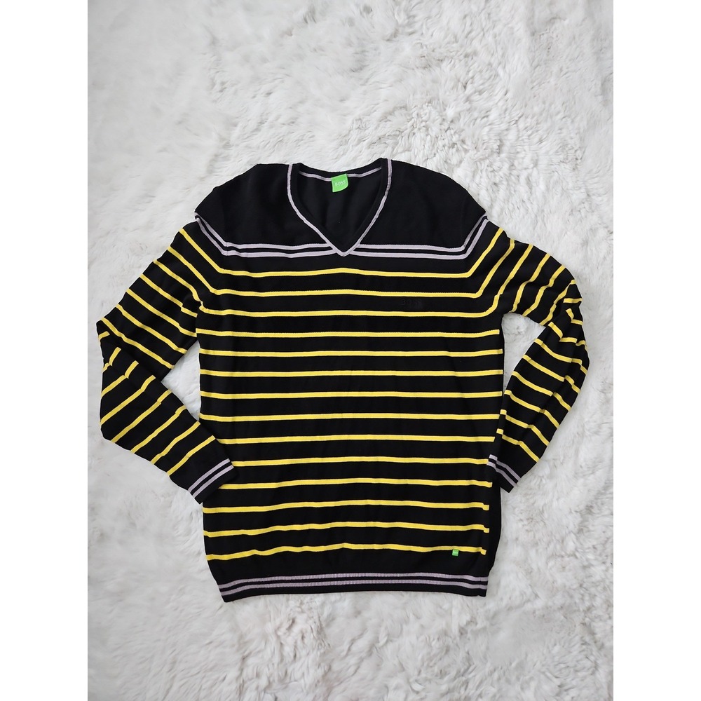 Vintage Hugo Boss Green Label Sweater Mens Large L Black Striped V-Neck Knit Jum